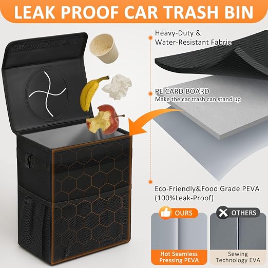 Vankor Car Trash Can with Lid Leak Proof Car Accessories for Women | 4.2 Gallon Cute Hanging Car Trash Bin for Men Car Truck Vehicle Sedan SUV Interior Automotive Garbage Cans, Black - Image 3