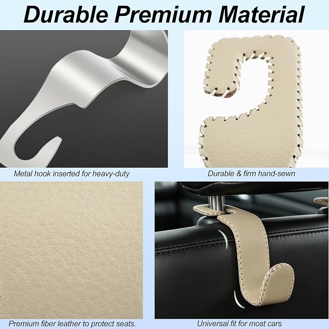 Car Headrest Hooks, Universal Car Seat Back Organizer Hanger, Premium Leather & Metal Construction, Multipurpose for Handbag, Purse, Coat, Ergonomic Design, 2 Pack Beige - Image 6