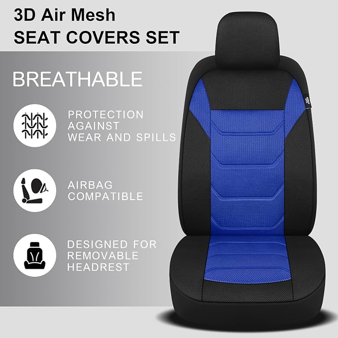 Pariiaotin 3D Air Mesh Car Seat Cover Full Set Washable and Breathable Premium Cloth Automotive Vehicle Seat Covers for Cars Interior, Universal Fit for Most Cars, Sedan, Truck, SUV(Black/Blue) - Image 4