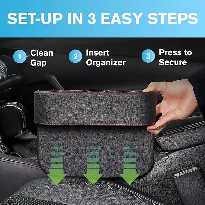 Car Cup Holder, Car Seat Gap Filler Organizer, PU Leather, Black - Image 5