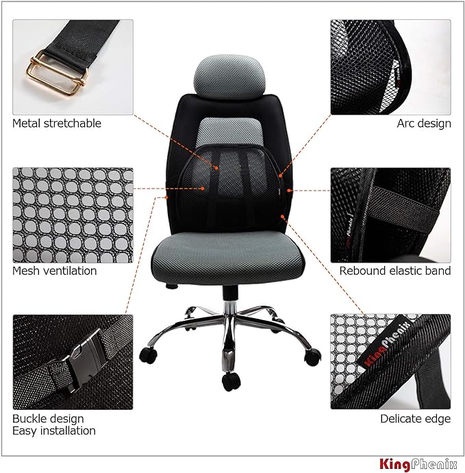 kingphenix 2-Pack Mesh Lumbar Support for Car and Office Chair Comfort | Breathable Mesh Back Support with Adjustable Curvature and Elastic Straps for Driving, Office Use and Long Sitting, Black - Image 5