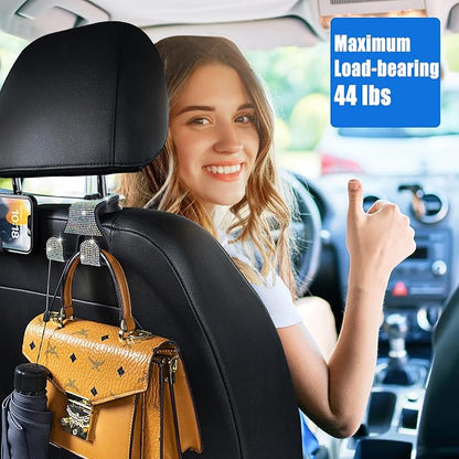 Bling Car Purse Hooks 2Pcs, Rhinestones Car Headrest Hook Backseat | Double Hooks,Holds 44Lbs,Wide Opening,Durable Nylon,Car Seat Hook,Purse Holder,Bling Car Accessories for Women,AB - Image 2