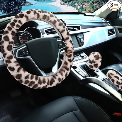 Fuzzy Steering Wheel Cover for Women Girls, Accmor Universal Fit 15 inch Fur Car Wheel Cover & Handbrake Cover & Gear Shift Cover Set, Fashion Leopard Winter Warm Fluffy Vehicle Wheel Protector by Accmor