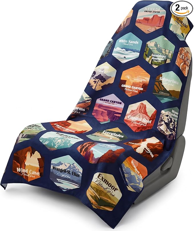 2 Pack Car Seat Towel Cover with Storage Bag, Multi National Parks 1 | 63 x 32 in Car Towel Seat Cover Non Slip Waterproof, Gym Workout Swimming Running, Machine Washable Sweat Absorbent Protector by Hahafelt