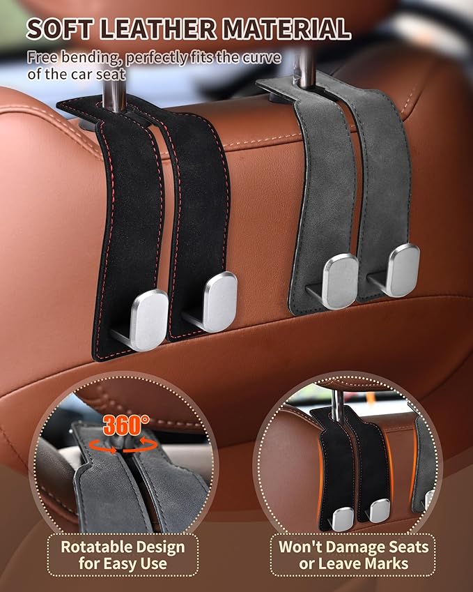 Headrest Hooks for Car, 4 Pack Car Seat Back Organizer Storage Hook, Double Hook Car Seat Hooks for Hanger Purses and Bags, Leather Purse Holder for Car, Grey - Image 2