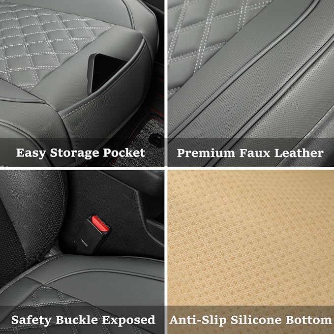 Leather Front Car Seat Cover, Bottom, Grey, 1 Pack | Driver Seat Cushion Cover, Luxury Seat Protector, Waterproof, Full Wrap, For Most Vehicles, Sedan, Truck, SUV - Image 2