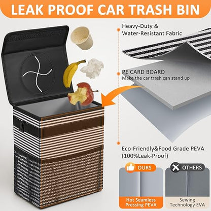 Vankor Car Trash Can with Lid Leak Proof Car Accessories for Women | 3 Gallon Cute Hanging Car Trash Bin for Men Car Truck Vehicle Sedan SUV Interior Automotive Garbage Cans, Stripe - Image 3