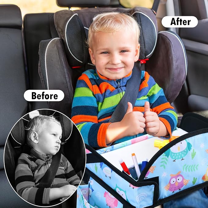 Car Seat Tray,Toddler Road Trip Essentials With Drawing Kit | Road Trip Essentials Accessories Lap Tray with iPad Holder Stand & Dry Erase Board as Travel Gifts for Kid,Baby Blue - Image 7