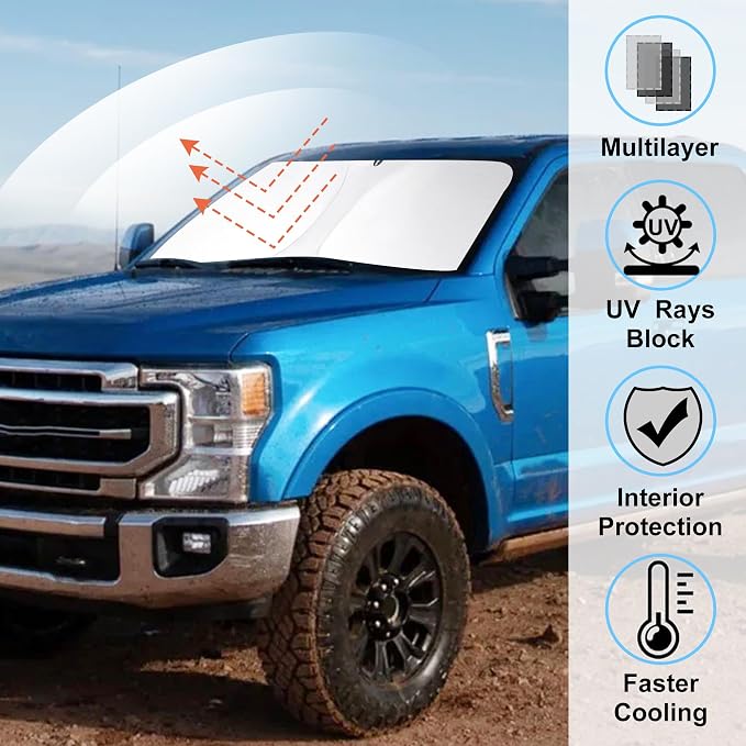 Windshield Sun Shade for 2017-2026 Ford F250 F350 F450 F550 | Full covered for windshield, Foldable & Durable, Block UV Rays, Reduce Heat, Easy to install, Keeps Car Cooler - Image 2