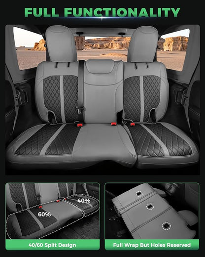 RIDEPOSH for Jeep Wrangler Leather Custom Car Seat Covers Full Set 4 Door | 2018-2026 JL, without Rear Cup Holder, Not for 4XE, Luxury Waterproof Protector, 40/60 Spilt, 5 Seats, Full Coverage, Durable - Image 4