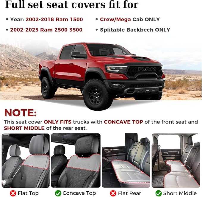 Truckiipa Car Seat Covers Full Set, Dodge Ram Seat Covers Full Coverage Leather Protector Pickup Truck Accessories, Custom Fit for 2002-2018 Ram 1500, 2002-2025 Ram 2500 3500 Crew Mega Cab, Black - Image 2