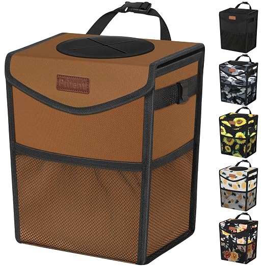 Pritent Car Trash Can with Lid Leakproof Car Garbage Bag Vehicle Trash Bin | Hanging Automotive Garbage Can,Multipurpose Car Accessories for Women Men Interior Car Storage Organizer(2 Gal,Brown) by Pritent