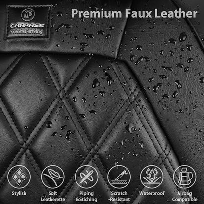 CAR PASS Luxury Nappa Leather Car Seat Covers Front Seats Only, Waterproof Faux Leather Front Seat Covers, Universal Automotive Seat Cushion Fit for Sedan SUV Truck Van, Airbag Compatible Rhomb Black - Image 5