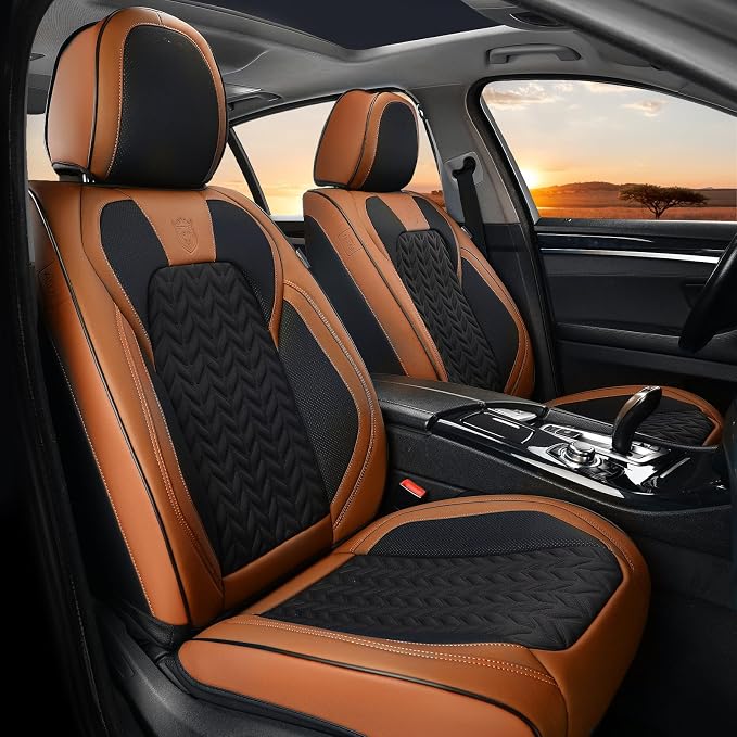 Coverado Seat Covers Full Set, 5 Seats Car Seat Cover, Front and Back Seat Covers for Cars, Breathable Faux Leather Car Seat Cushion, Car Seat Protector Universal Fit for Most Cars Vans, Brown by COVERADOAUTO