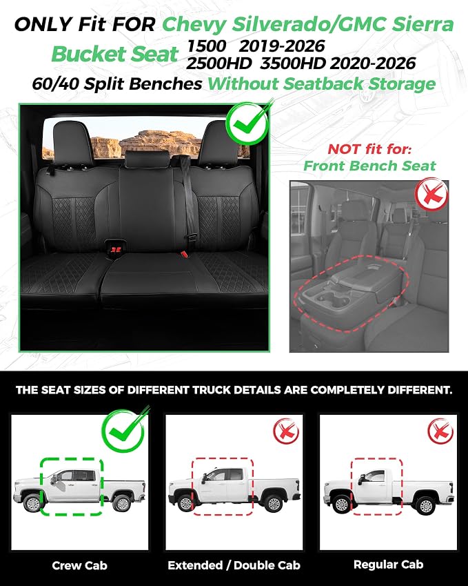 RIDEPOSH Custom Fit Seat Covers for Silverado/Sierra 1500 2019-2026 CrewCab | Fits 2500/3500HD 2020-2026, no Rear Armrest/Seatback Storage, Faux leather, Protective, Scratch-resistant, Easy-clean - Image 2