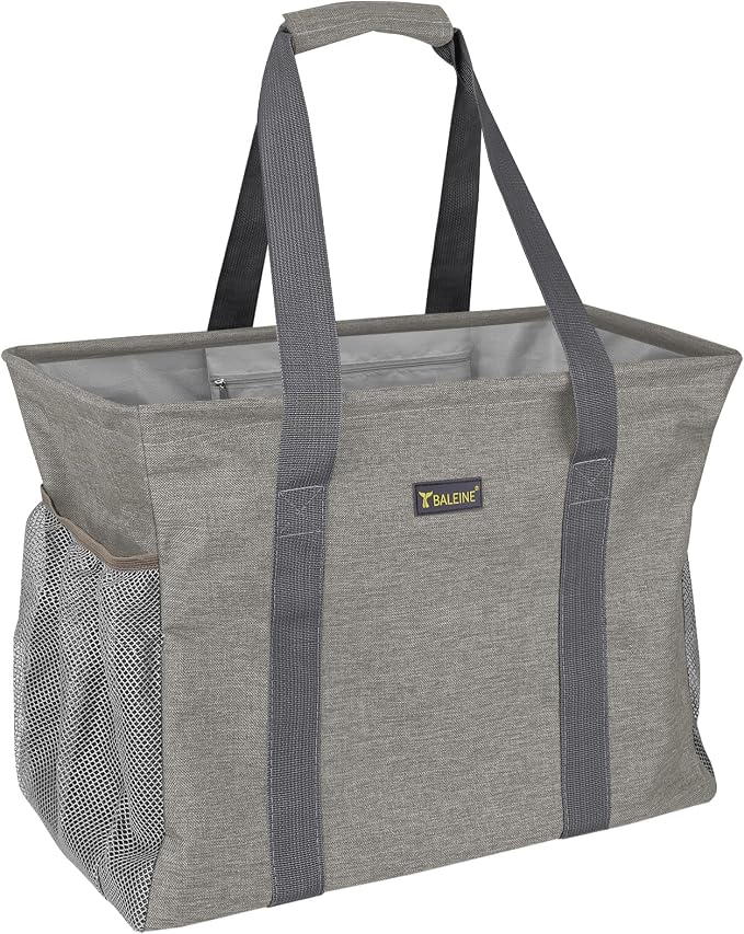 BALEINE Extra Large Utility Tote Bag with Reinforced Wire Frame, Reusable Grocery Bag for Shopping, Picnic (Beige, 16.5''x14''x10'') by BALEINE
