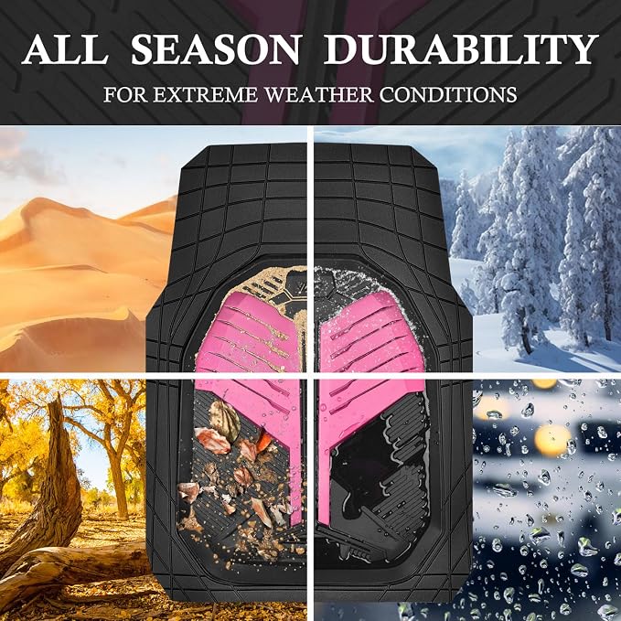 CAR PASS Heavy Duty Rubber Car Mats, Deep Dish Car Floor Mats All Weather, Car Mats Full Set 3-Piece Trim to Fit for Sedans SUVs Trucks,Women Waterproof Anti-Slip Automotive Mats, V12 Black and Pink - Image 4