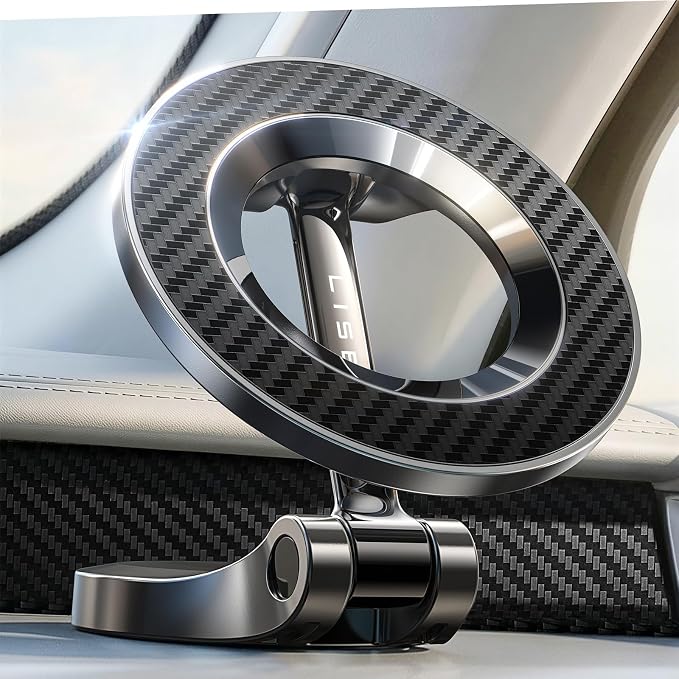 LISEN for MagSafe Car Mount, Magnetic Phone Holder for iPhone, Carbon Fiber | Super Compact Foldable Phone Holder for Car, 24 Strong Magnets Power for iPhone 12-17 Series, Classic 3M Adhesive No Residue by Lisen