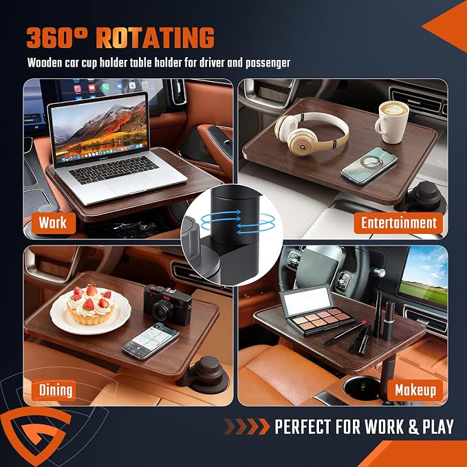 Car Desk for Laptop,360° Rotating Cup Holder Table,Wood Car Tray,Car Table | Adjustable Height Car Food Tray,Steering Wheel Tray,Car Seat Tray Compatible with Tesla Model Y/3/S, Ford F150& Most - Image 4