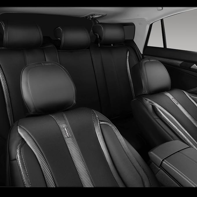 CAR PASS Nappa Leather Car Seat Covers Full Set & Carbon Fiber, Waterproof and Durable All Weather Protector, Universal Fit for SUV Pick-up Truck Sedan Automotive Vehicle Interior (5 Seats, Black) - Image 4