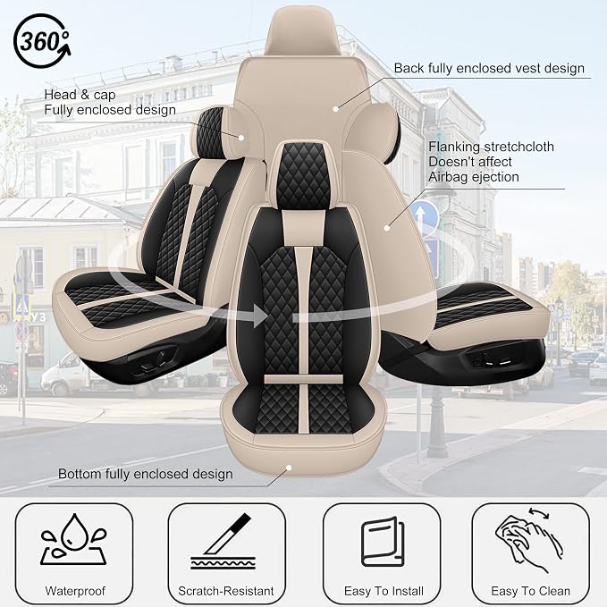 IKABEVEM Car Seat Covers Fit for Toyota Highlander 2007-2026 | Waterproof Leather, Airbag Compatible, Easy-Wipe Car Seat Protector,2 Front Seats Covers Fit for Highlander, Beige&Black - Image 7