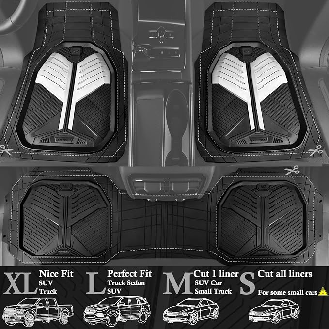 CAR PASS Heavy Duty Rubber Car Mats, Deep-Dish Car Floor Mats All Weather, Universal Two-Tone Trim-to-Fit for SUVs Trucks Sedans, Waterproof Anti-Slip, 3 Pieces V12 Black and White - Image 2