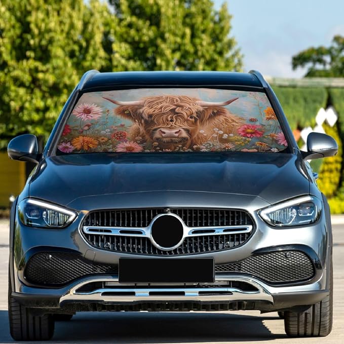 Windshield Sun Shade Umbrella Highland Cows Florals Foldable Car Front Window Sunshade Blocks UV Rays Heat Keep Vehicle Cool 55"x27.5" - Image 2