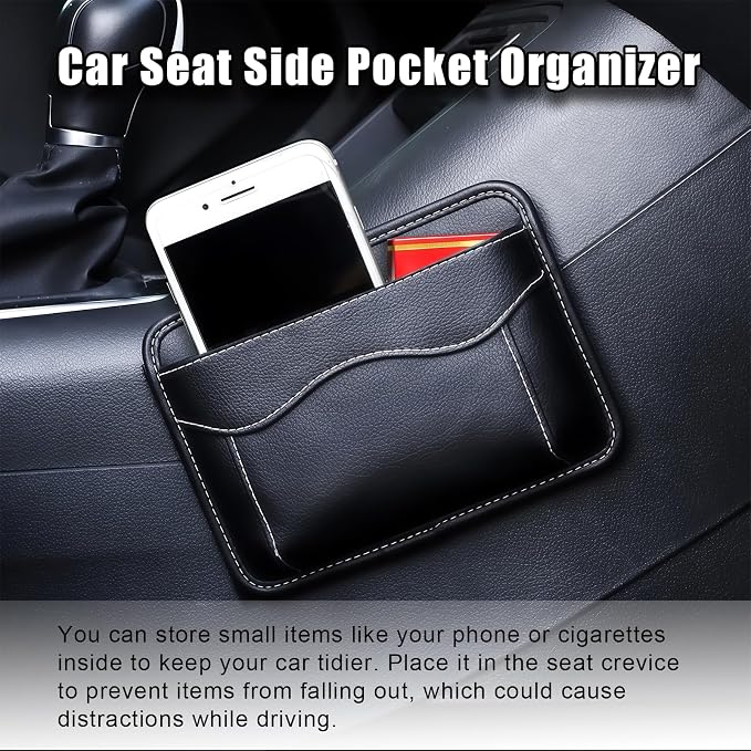 Car Seat Side Pocket Organizer, PU Leather Car Storage Bag Multifunctional Phone Wallet Key Card Holder Gap Filler Universal Pouch for Auto Door Seat Side Dash Interior Accessories (Black) - Image 3