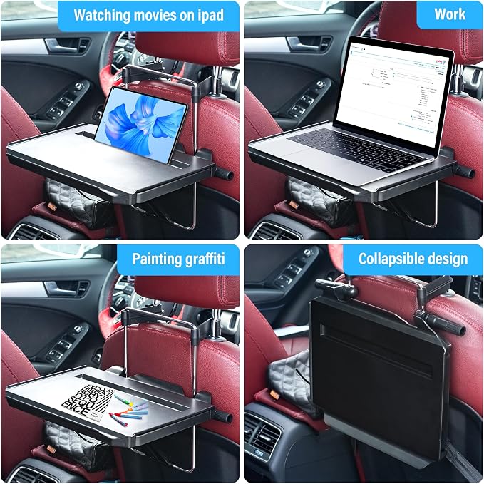 VarCozy Car Steering Wheel Tray, Foldable Hanging Rear Headrest Car Tray with Expandable Tray and Beverage Cup Slot, Portable Car Desk for Laptop Work, Eating, Drinking, and Doodling - Image 8