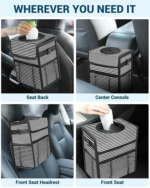 Capolo Car Trash Can with Lid, Leakproof Car Garbage Can Car Trash Bag | Waterproof, Trash Can for Car, 3 Mesh Pockets, Mini Hanging Vehicle Car Trash Bin, for Back/Front Seat (Stripe,2.5 Gal) - Image 6