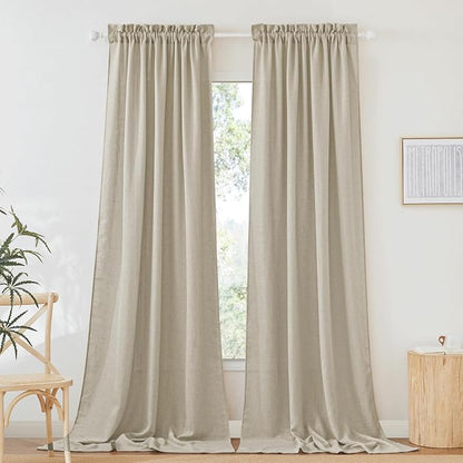 RYB HOME Linen Semi Sheer Curtains 102 inches Long for Living Room | Light Filtering, Half Privacy, Window Curtains & Drapes, for Bedroom Dining Room, Beige, Rod Pocket, W52 x L102, 2 Panels by RYBHOME