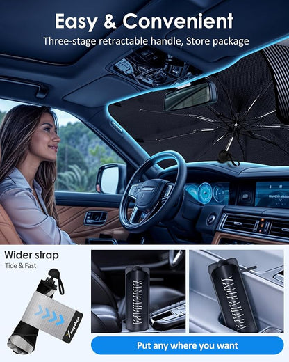 Car Windshield Sun Shade Foldable Umbrella, Sunshade for Car Windshield Cover Visor UV Ray Reflector, Sun Shade Windshield for Auto Trucks Sedan SUV Keeps Vehicle Cool Heat Insulation (53" x 27") - Image 6