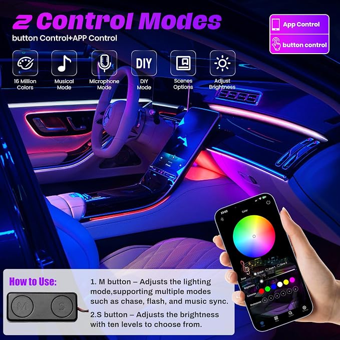 KENANEK Ambient Lighting Car Interior LED Strip Lights 18-in-1, 43.31inch Acrylic Dreamcolor Car Ambient Lighting Kit with Music Sync, APP Control, Interior LED Lighting for Cars SUVs Trucks - Image 3
