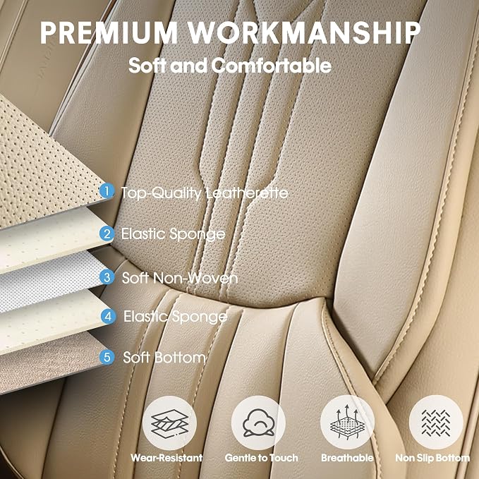 Car Seat Covers Custom Fit for Ford F150 2009-2026, Faux Leather Seat Cover Set for 2017-2026 F250 F350 F450, Accomodating Regular Cab Super Cab Super Crew Pickup Truck Cushions(Beige, Front Seat) - Image 4