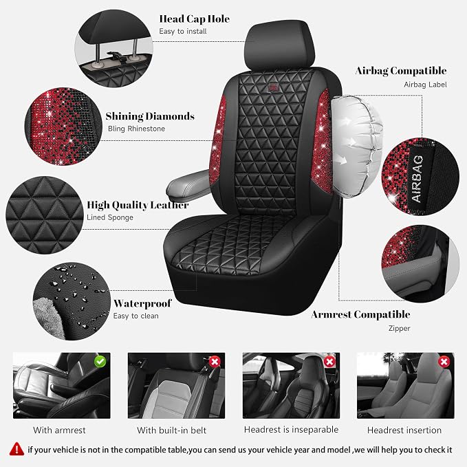 CAR PASS Bling Diamond Black Red Leather Car Seat Covers Full Set, Waterproof Shining Glitter Sparkly Crystal Universal Armrest Fit Automotive Truck SUV Women Girl, Rhinestone Interior Cover Set, Red - Image 3
