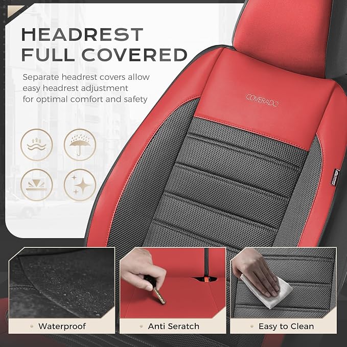 Coverado Car Seat Covers Front Seats, Luxury Leather Car Seat Covers, Automotive Mesh Seat Covers 2 Pack, Airbag-Compatible, Black Red Seat Covers for SUV Sedan Truck - Image 3