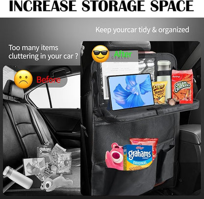 Car Backseat Organizer with Tablet Holder, 9 Storage Pockets with Foldable Food Tray, Kick Mats Back Seat Cover for Kids Road Trip Essentials Travel (1 Pack) - Image 6