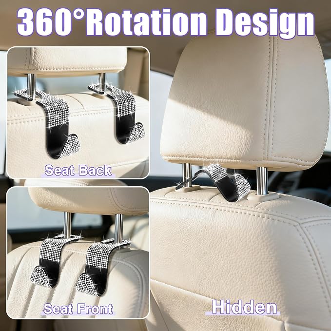 BFXM 6 Pack Car Seat Headrest Hooks,Car Accessories Bling White | Back Seat Purse Hanger Holder Hook, Universal Storage Organizer for Handbag Grocery Bags Coats - Image 4