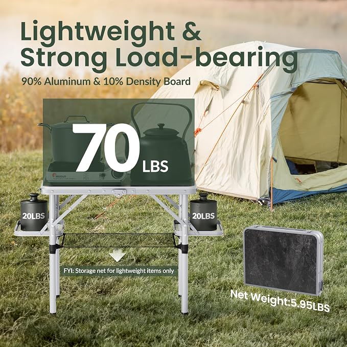 Titanker Folding Camping Table Small 2ft, Small Camp Table Portable with Side Racks & Storage Net, Folding Picnic Beach Table Portable, Car Camping Essentials, Aluminum Light Solid, Silver - Image 7