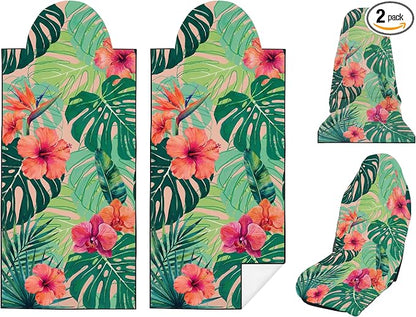 2 Pack Car Seat Towel Covers, Sweat-Proof Microfiber Seat Protectors for Gym, Running, Beach & Workout, Breathable Quick-Dry, Machine Washable, Green Tropical Floral Print, Universal Fit by Semtomn