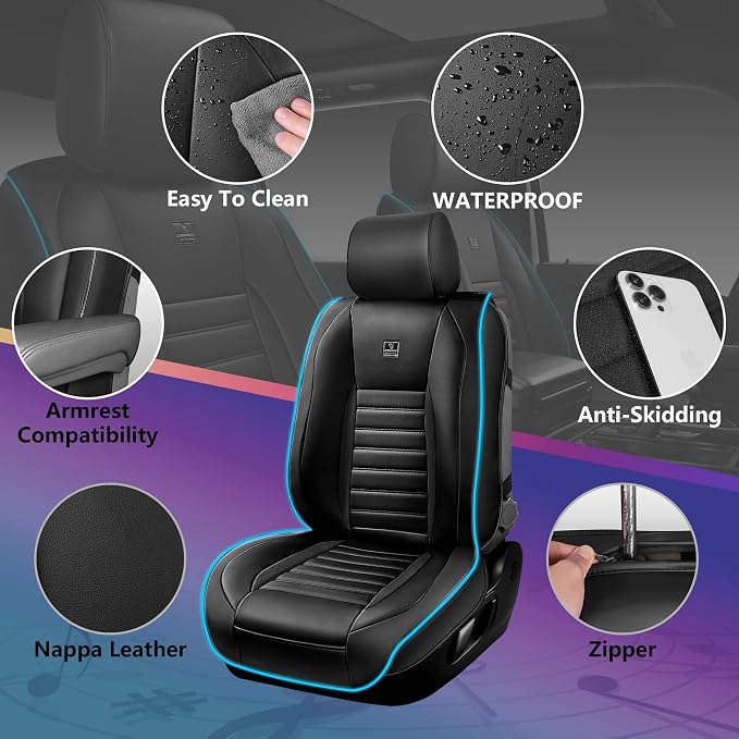 CAR PASS LED Lights Nappa Leather Car Seat Covers Front Seats, Waterproof Seat Cover for Cars Variable RGB Lights with DIY Music Sync Mode, All Weather Universal Fit Trucks SUV Automotive Pick-up - Image 2