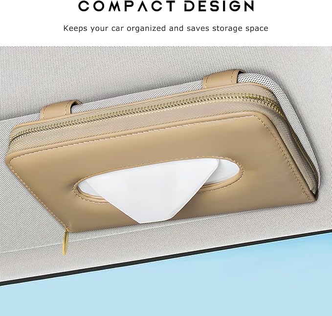 Car Tissue Box, Leather Auto Sun Visor Napkin Case Tissue Case Holder with Zipper, Sunvisor Paper Towel Storage Box Napkin Organizer for Most Vehicles, Car Accessories (Beige) - Image 5