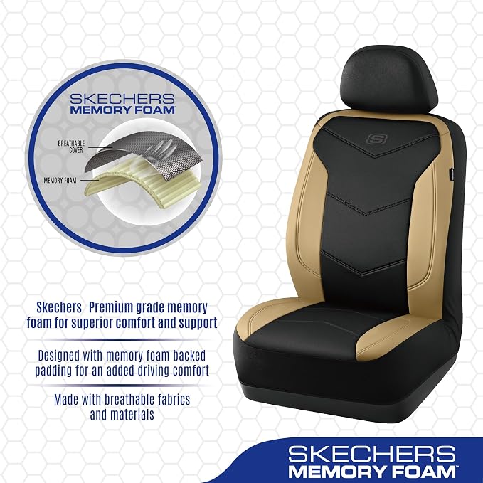 Skechers Memory Foam Seat Covers,Leather Car Seat Covers, Ultimate Comfort & Support Seat CoversFull Sets,Airbag Compatible, Automotive Universal Fit Most for SUVs, Vans, Sedans, Cars, Trucks,Beige - Image 4