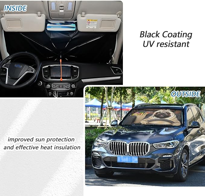 Fun Pug Dog Driving Windshield Sun Shade Umbrella Foldable Car Front Window Sunshade Blocks UV Rays Heat Keep Vehicle Cool (55" x 27.5") - Image 3