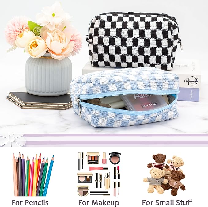 PAZIMIIK Checkered Makeup Bag for Purse Portable Zipper Make Up Pouch Small Cosmetic Case for Travel Accessories (Blue) | Cute Zipper Makeup Organizer for Women, Travel Essentials, Toiletries, Makeup Brushes, Beauty Accessories&Bridesmaid Gifts - Image 3