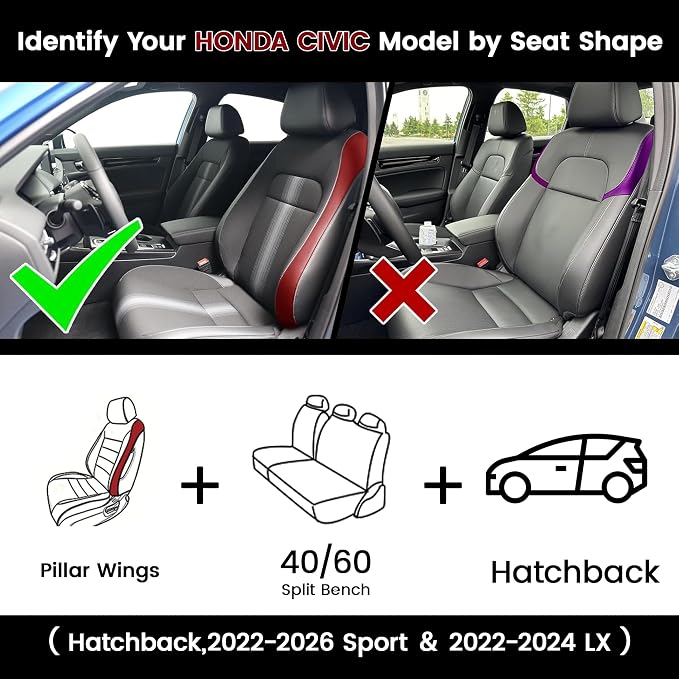 HKZ Custom Fit Civic Seat Cover Full Set for 11th Gen Honda Civic 4 Door (Hatchback Sport 2022-2026)&(Hatchback LX 2022-2024) 5-Seats Full Set,Leather Seat Protector(Burgundy) - Image 2