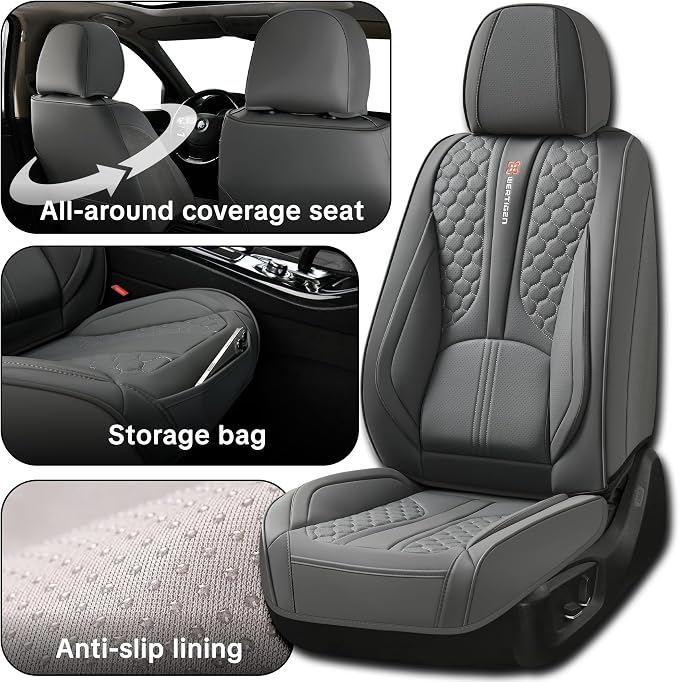 Full Set of Dark Gray Genuine Leather Seat Covers, Universal Fit | Four-Layer Anti-Slip Design with Lumbar Support - Image 4
