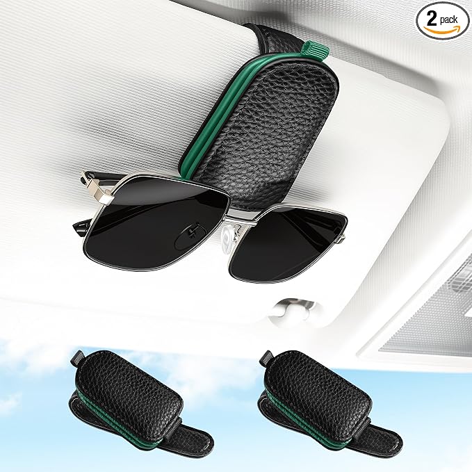 SINGARO Sunglasses Holder for Car, Leather Magnetic Buckle Sun Visor Sunglass Clip, Ticket Card Storage Glasses Clip, Car Interior Accessories for Men and Women（2PCS Black-Green） by SINGARO