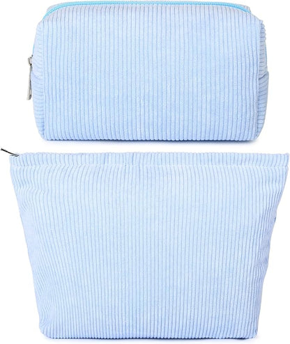 SOIDRAM 2 Pieces Makeup Bag Large Corduroy Cosmetic Bag Capacity Canvas Mix Travel Toiletry Bag Organizer Cute Makeup Brushes Aesthetic Accessories Storage Bag for Women, Corduroy Mix Blue by SOIDRAM