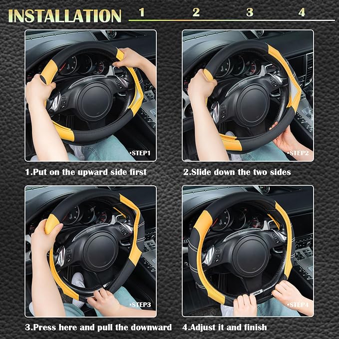 CAR PASS Line Rider Microfiber Leather Sporty Steering Wheel Cover Universal Fits for 95% Truck,SUV,Cars,14.5-15inch Anti-Slip Safety Comfortable Desgin (Black-Yellow) - Image 4